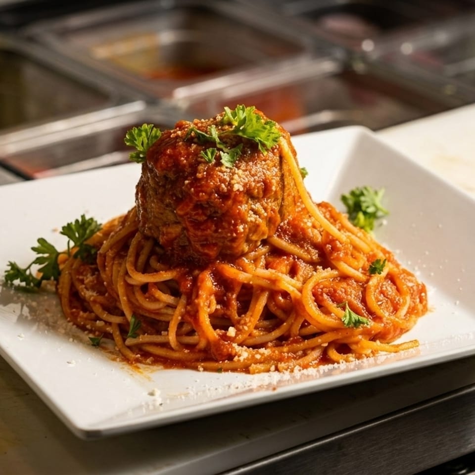 Spaghetti with a large meatball, marinara sauce, parmesan cheese, and parsley on a white plate.