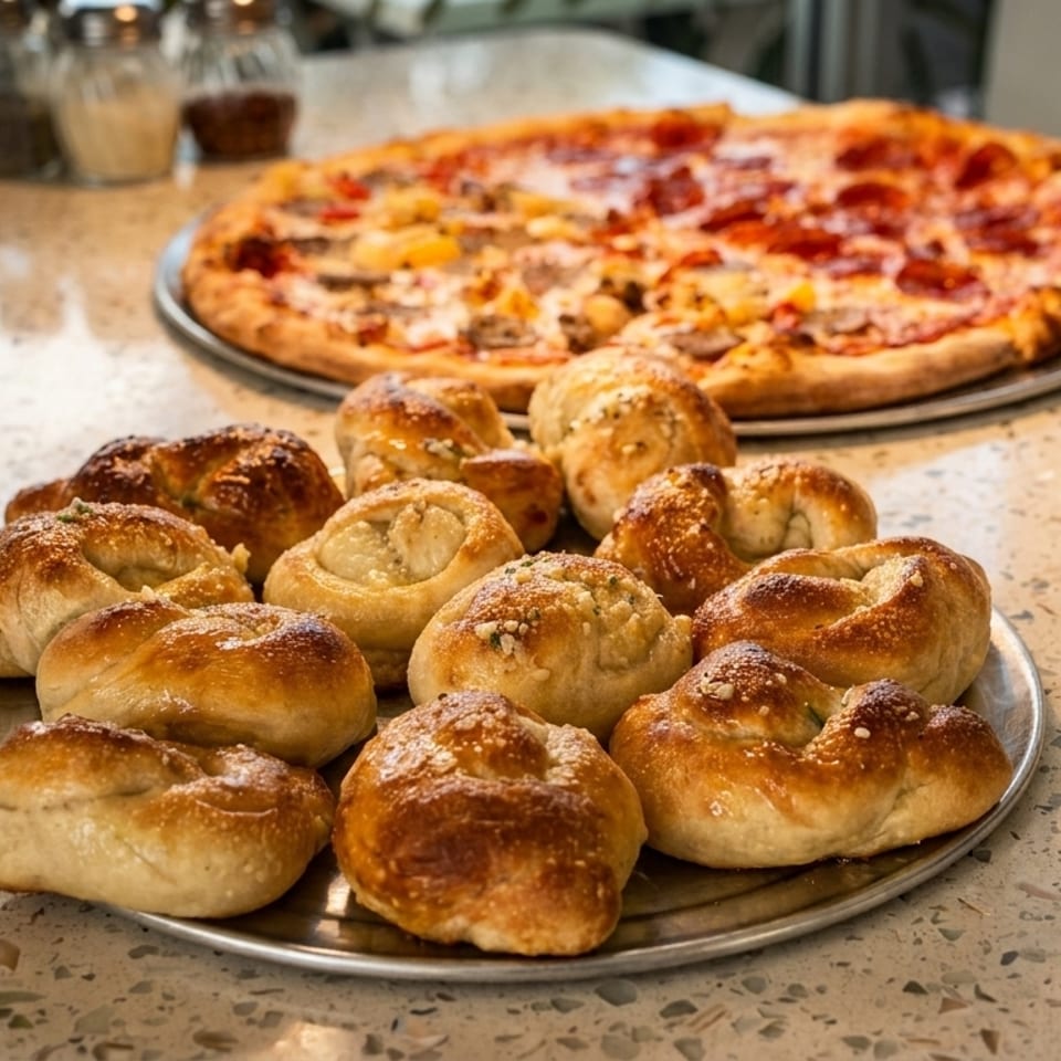 A plate of garlic knots and a large pepperoni and sausage pizza on a speckled countertop.